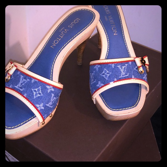 Louis Vuitton Blue Monogram Denim And Leather Bow Slide Sandals Size 41